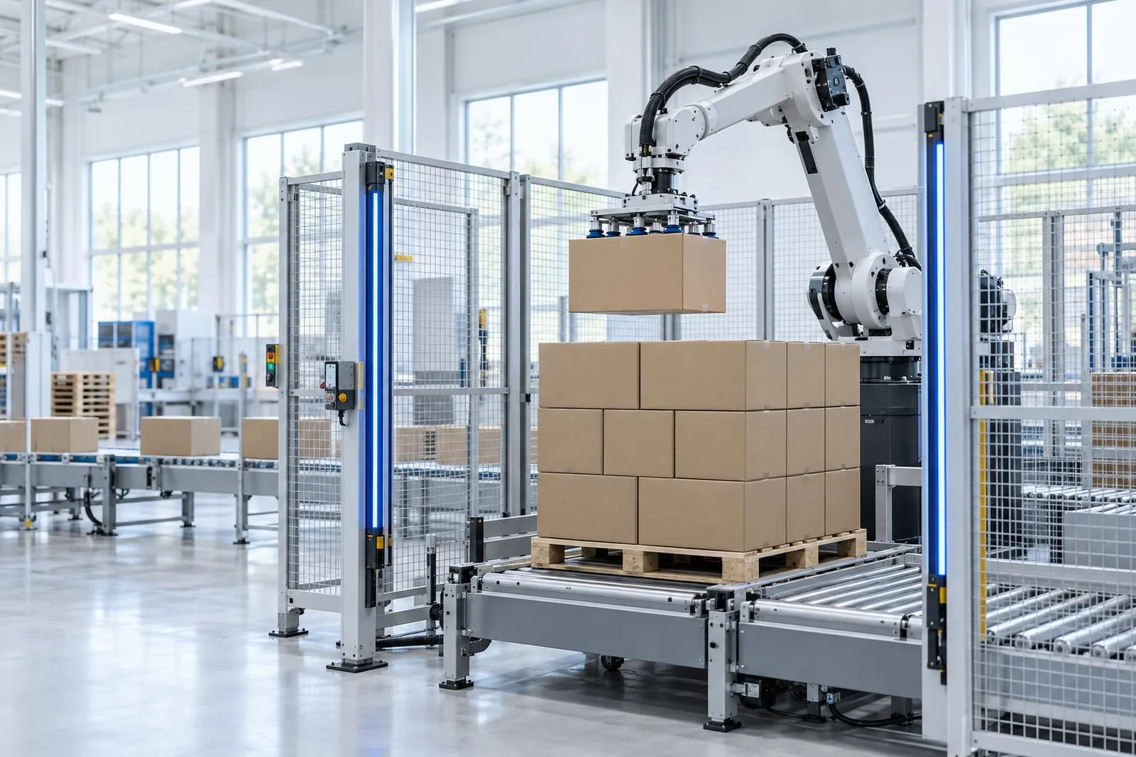 Palleteringsrobot stabler kasser på en palle bag lysgitter i en lys produktionshal